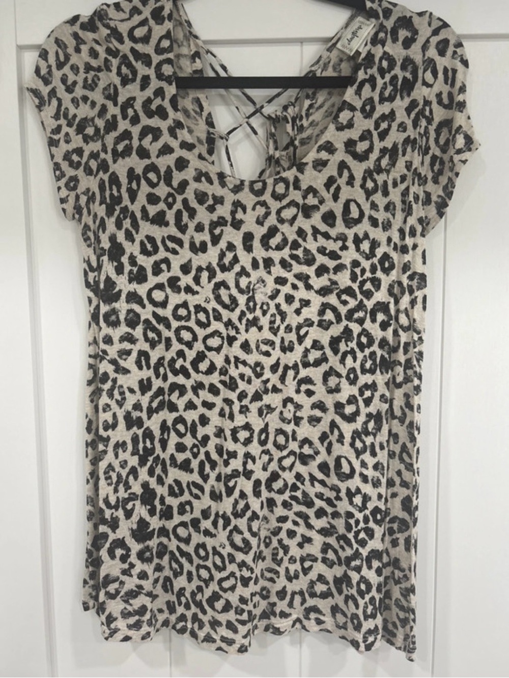 Daytrip Beige and Black Leopard Crisscross Back Short Sleeve Tee